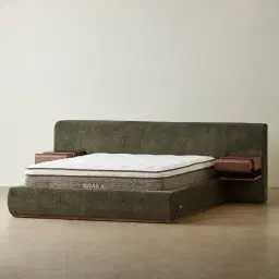 Riviera Green Chenille Fabric Queen Bed with Smoky Ash Veneer