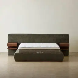 Riviera Green Chenille Fabric Queen Bed with Smoky Ash Veneer