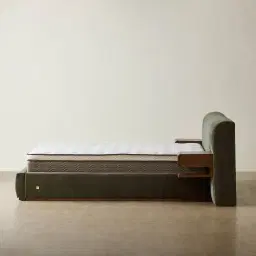 Riviera Green Chenille Fabric Queen Bed with Smoky Ash Veneer