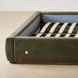 Riviera Green Chenille Fabric Queen Bed with Smoky Ash Veneer