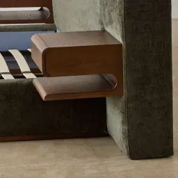 Riviera Green Chenille Fabric Queen Bed with Smoky Ash Veneer