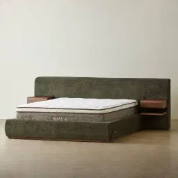 Riviera Green Chenille Fabric King Bed with Smoky Ash Veneer