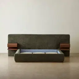 Riviera Green Chenille Fabric King Bed with Smoky Ash Veneer