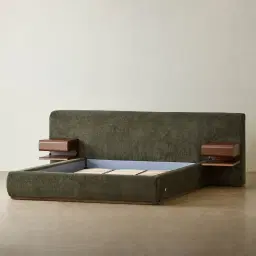 Riviera Green Chenille Fabric King Bed with Smoky Ash Veneer