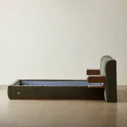 Riviera Green Chenille Fabric King Bed with Smoky Ash Veneer