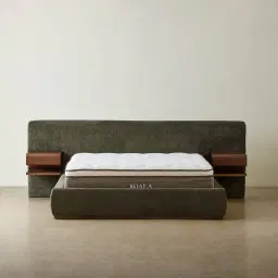 Riviera Green Chenille Fabric King Bed with Smoky Ash Veneer