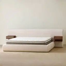 Riviera Powder White Chenille Fabric Queen Bed with Smoky Ash Veneer