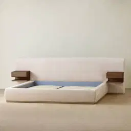 Riviera Powder White Chenille Fabric Queen Bed with Smoky Ash Veneer