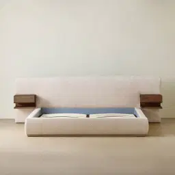 Riviera Powder White Chenille Fabric Queen Bed with Smoky Ash Veneer
