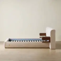 Riviera Powder White Chenille Fabric Queen Bed with Smoky Ash Veneer