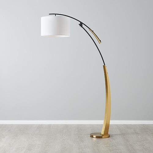 Crescent Brushed Gold Metal Floor Lamp-White Fabric Shade
