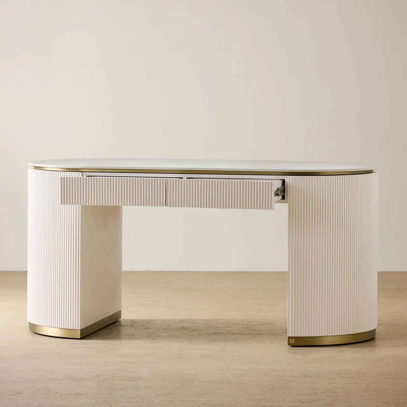 Archie Desk Archie Cream Wooden Study Desk with White Sintered Stone Top | Koala Living