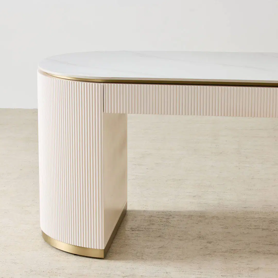 Archie Desk Archie Cream Wooden Study Desk with White Sintered Stone Top | Koala Living