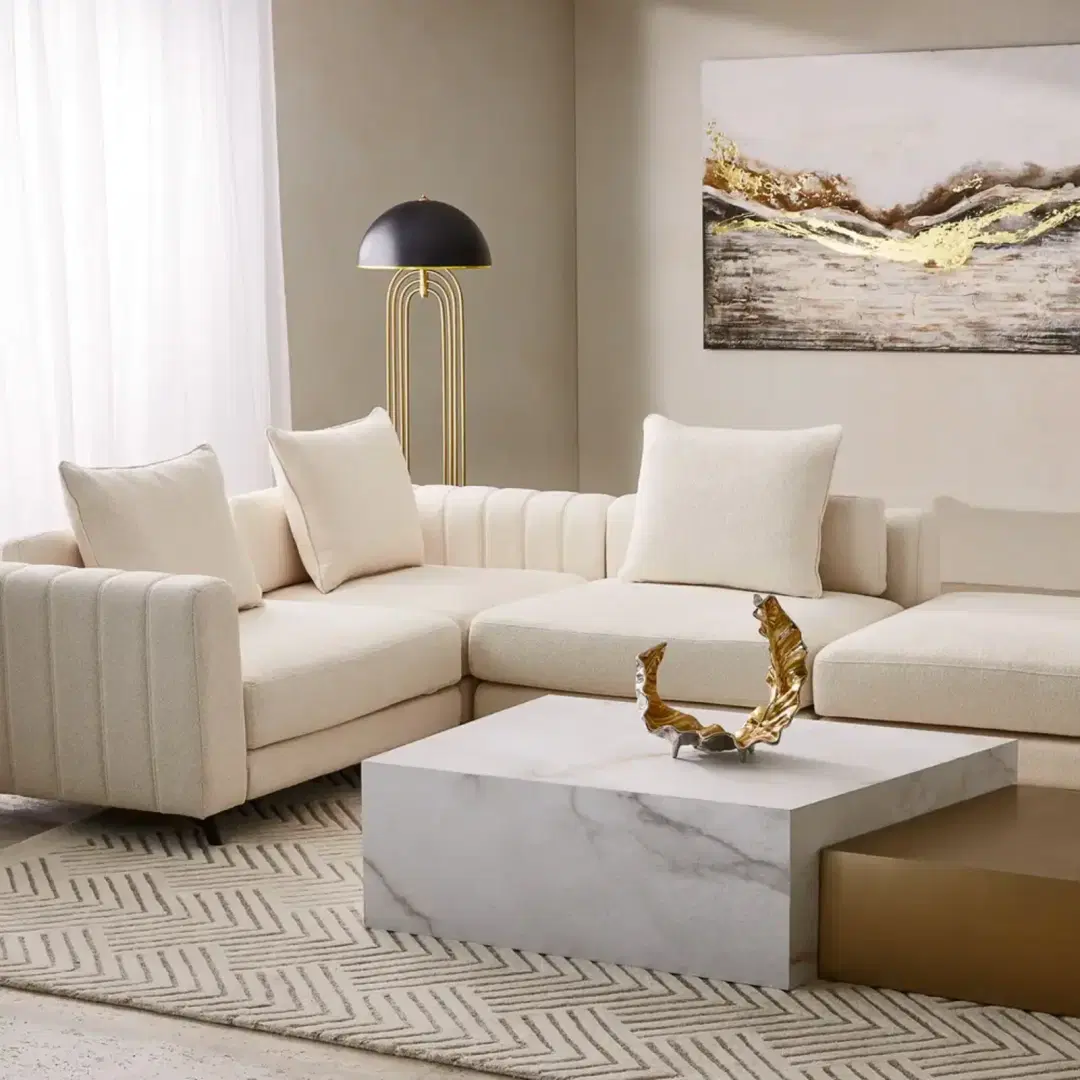 Jordan Chantilly White Fabric Corner Sofa - Ottoman | Koala Living