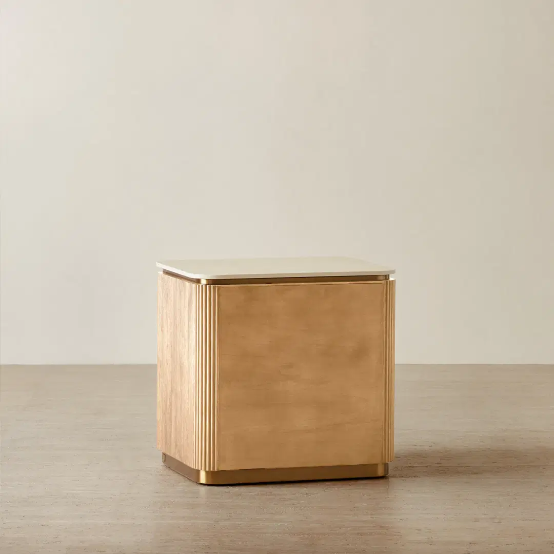 San Pierre Light Brown Ash Veneer Bedside Table with Travertine Finish ...